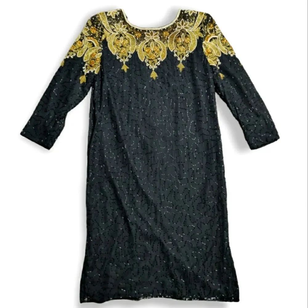 VTG Carolyne Barton Night pure silk Black Gold beaded 3/4 sleeve dress size M